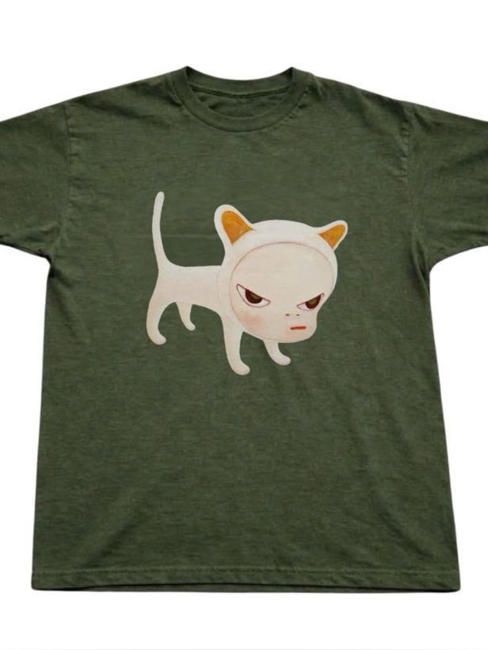 Olive Green Tee with White Cat Illustration